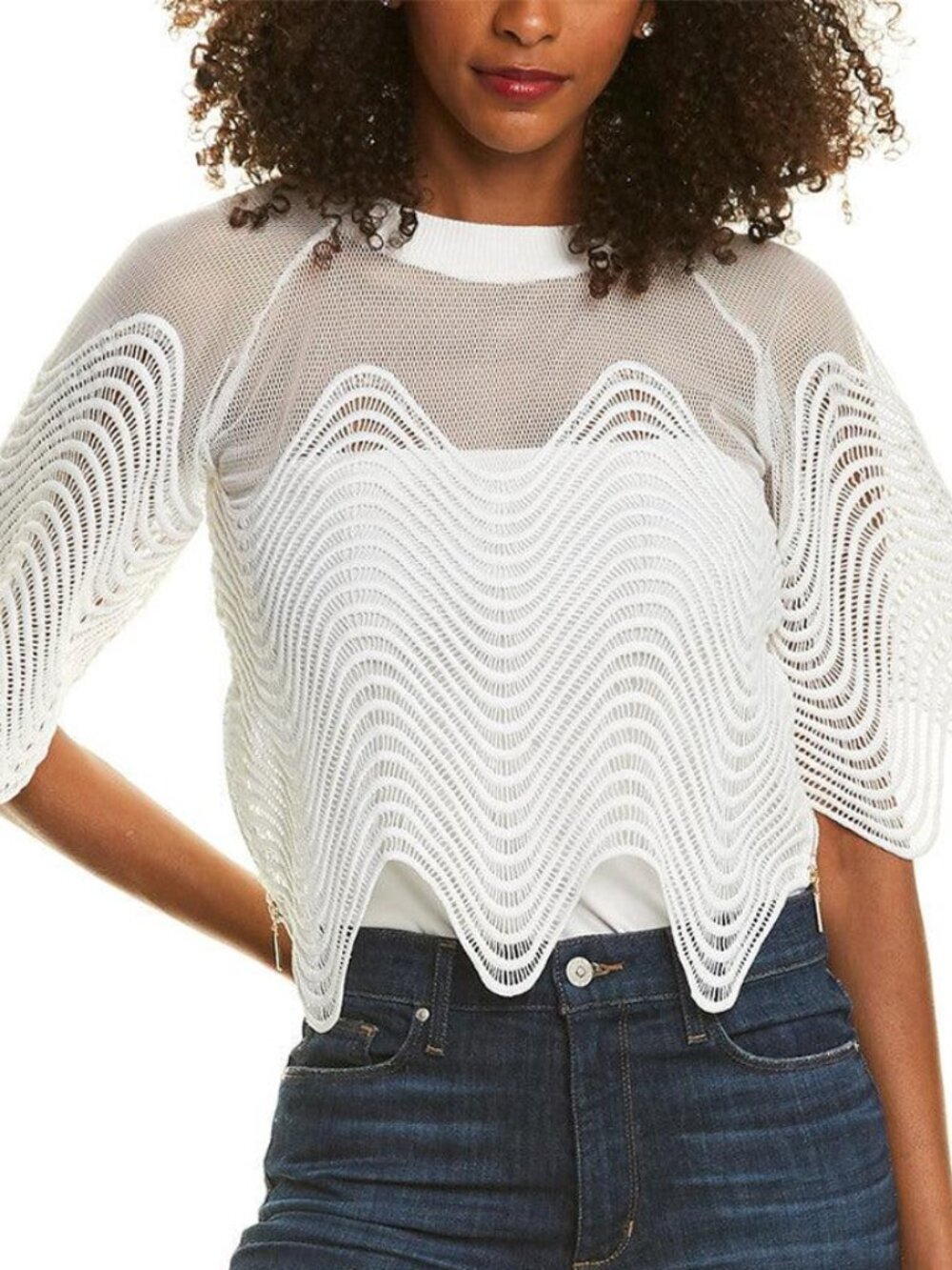Gracia White Wave Lace Mesh Blouse Size S